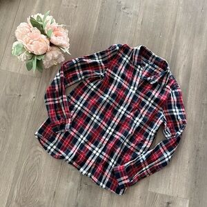 Madewell Red & Navy Plaid Button Up Flannel Top